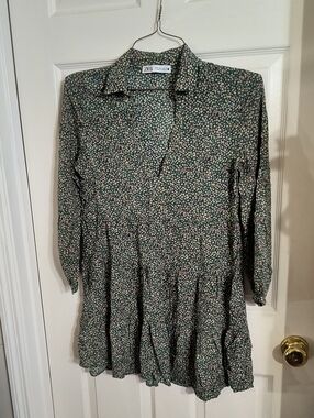 Zara Dark Green Floral Long-Sleeve Tiered Dress